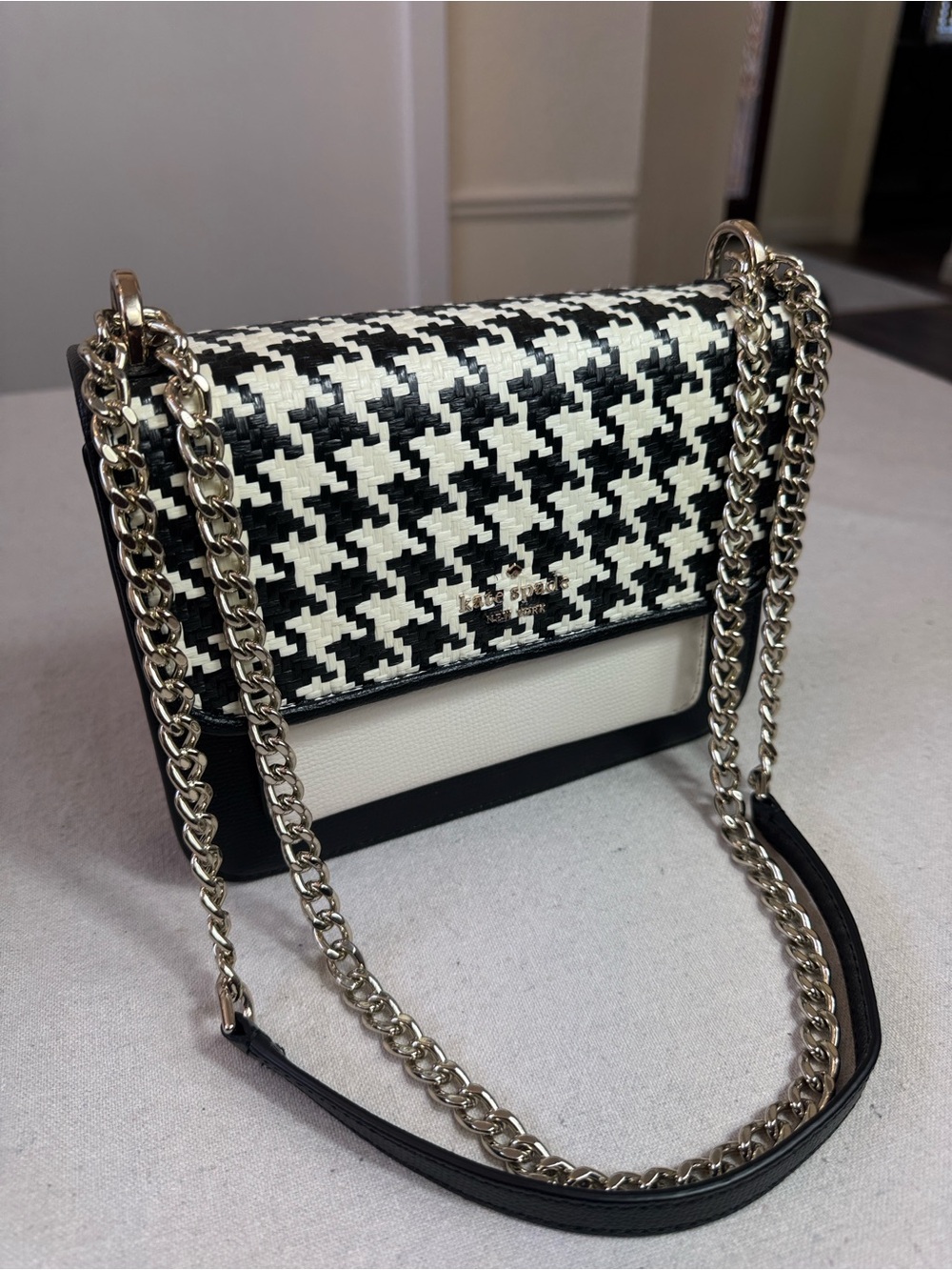 kate spade New York Black & White Houndstooth Chain Crossbody Bag